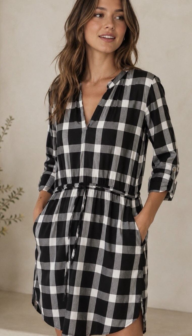 Loft Womens Small Dress Black White Buffalo Plaid Roll Tab Sleeve Knee Length